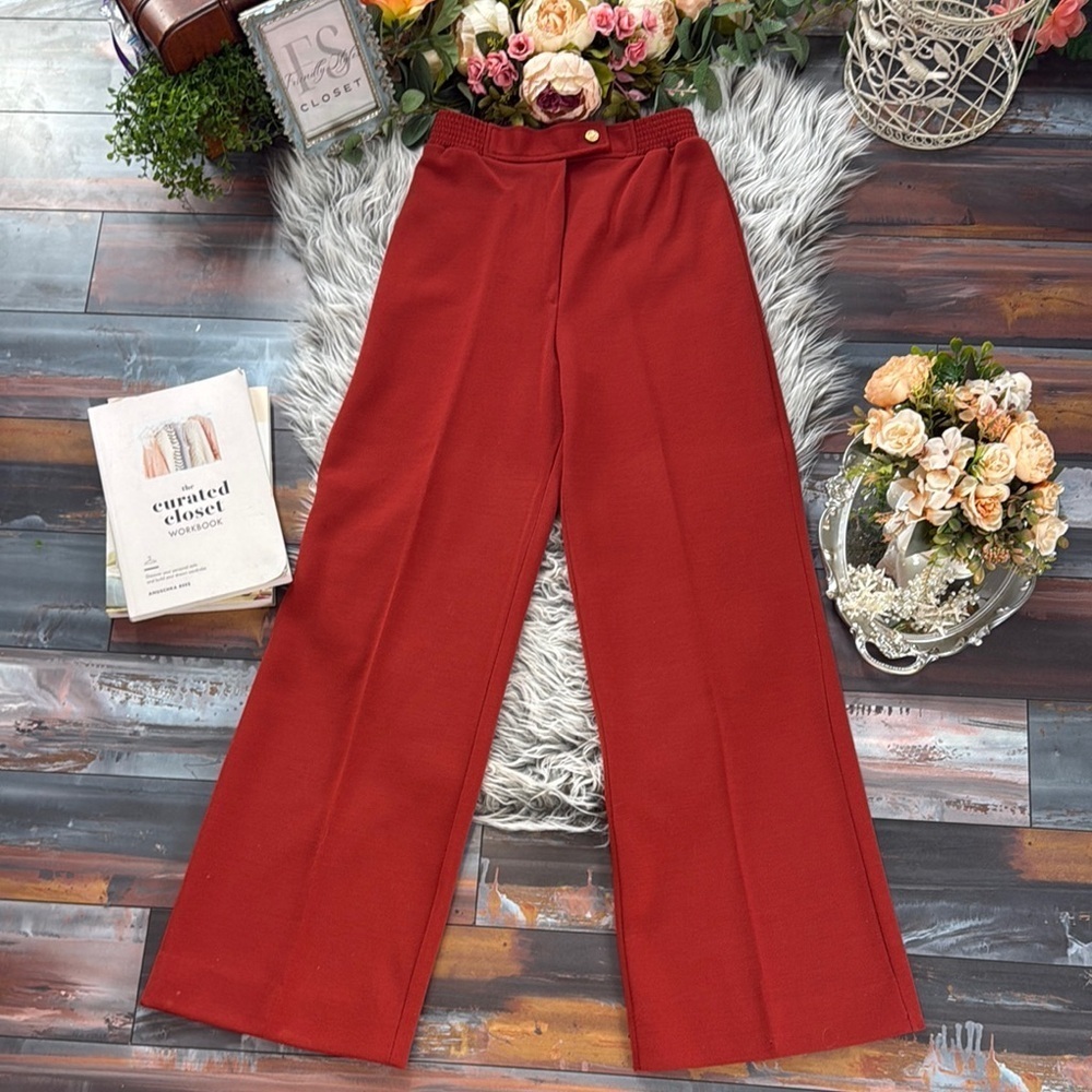 Haberdashery Rust Wide-Leg Elastic Waist Band Knit Pants w/ gold button, 10